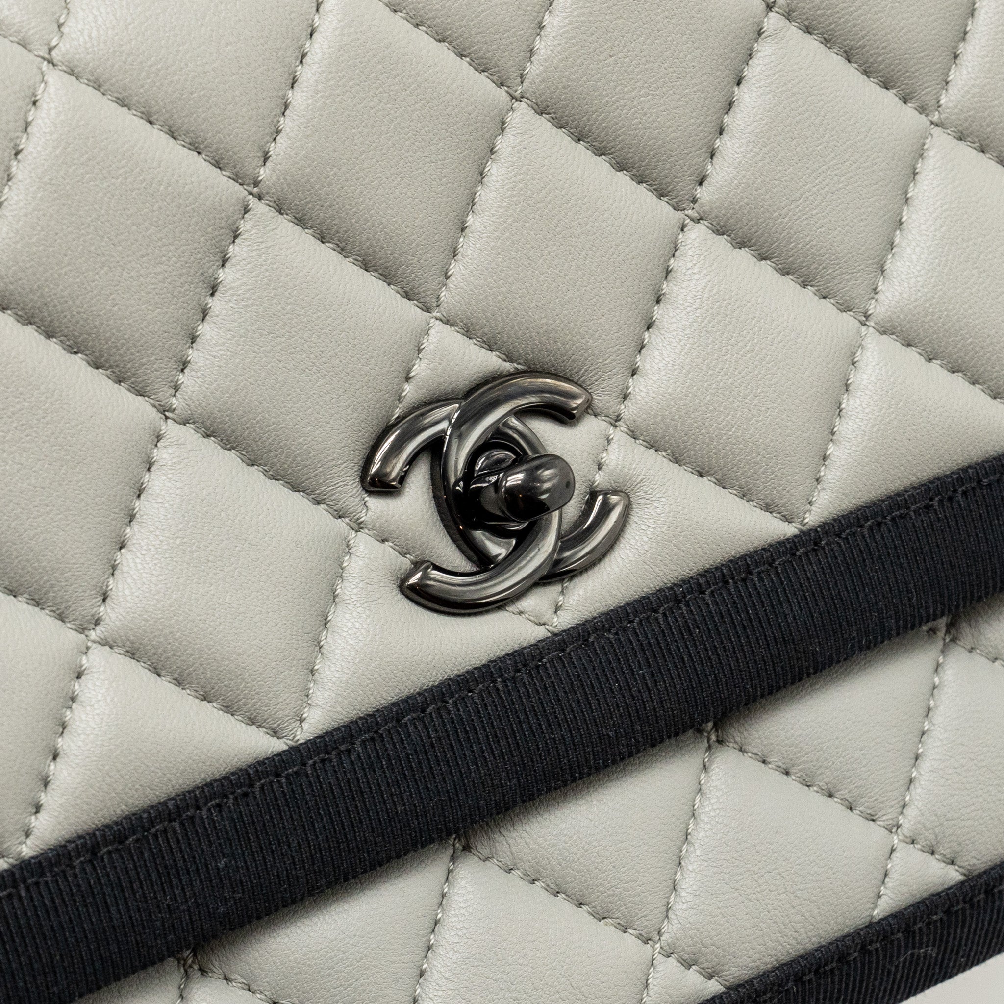 CHANEL QUILTED FLAP WITH FABRIC EDGE LAMBSKIN GREY/ BLACK WITH BLACK HARDWARE