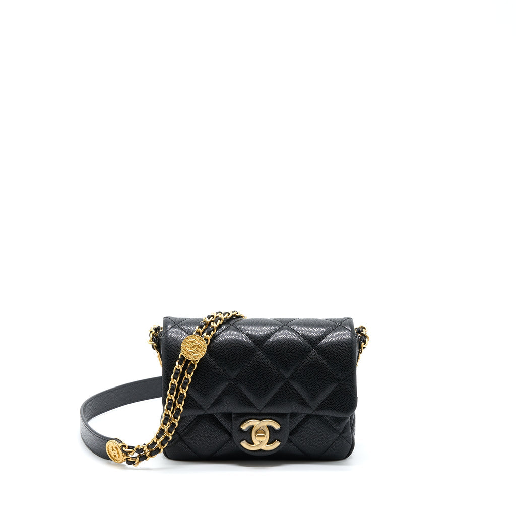 CHANEL 22A MINI SQUARE FLAP BAG CAVIAR BLACK BRUSHED GHW (MICROCHIP)