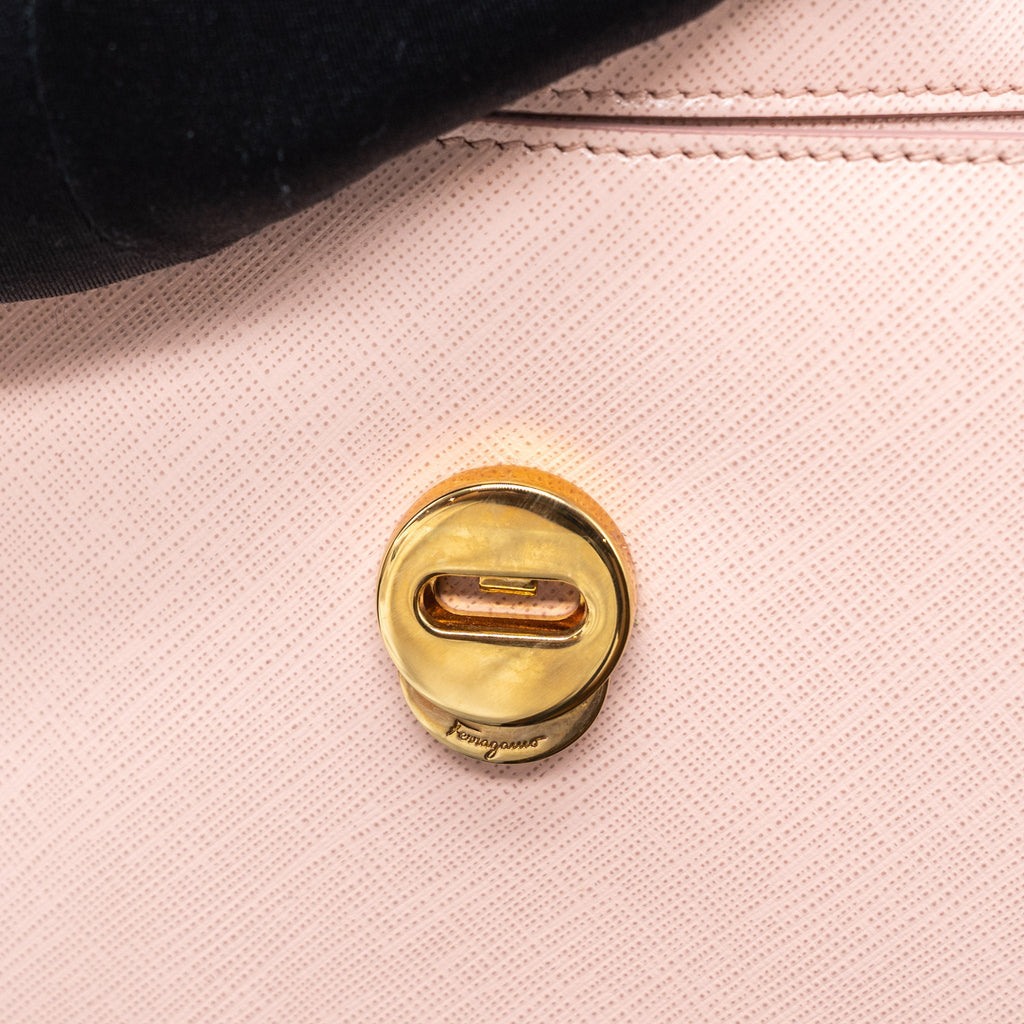 SALVATORE FERRAGAMO TOP HANDLE FLAP BAG CALFSKIN LIGHT PINK GHW