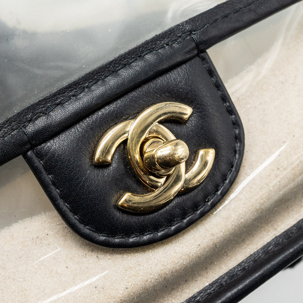 CHANEL SAND BY THE SEA PEARL FLAP BAG PVC / LAMBSKIN BLACK/TRANSPARENT LGHW