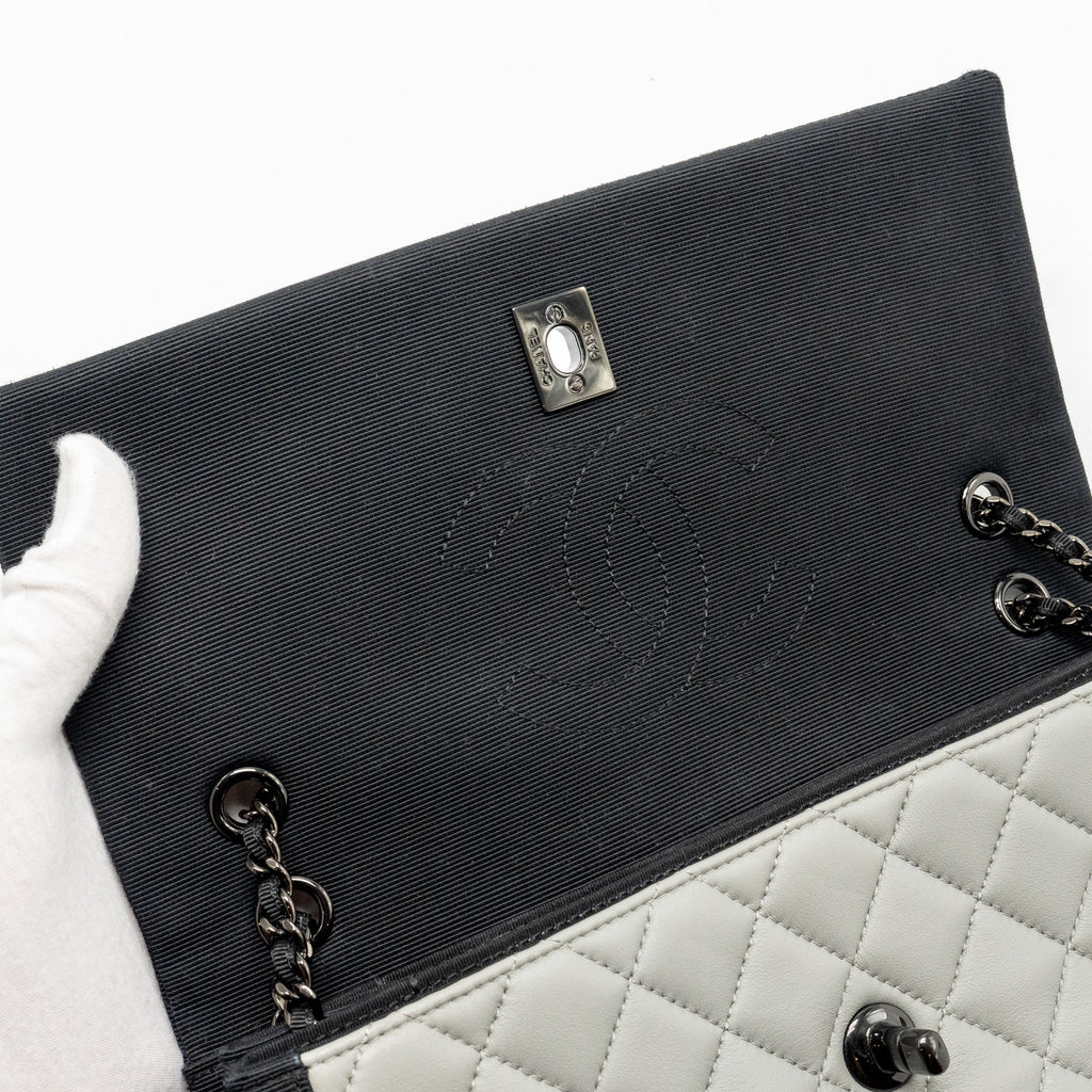 CHANEL QUILTED FLAP WITH FABRIC EDGE LAMBSKIN GREY/ BLACK WITH BLACK HARDWARE