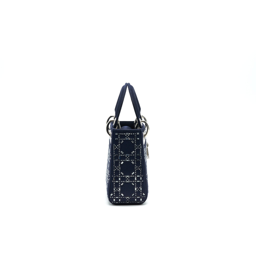 CHRISTIAN DIOR SATIN CRYSTAL CANNAGE MINI LADY DIOR IN NAVY