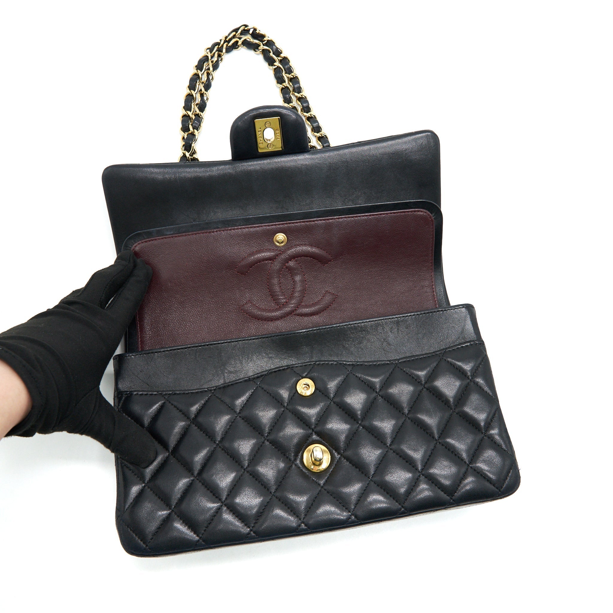 CHANEL CLASSIC DOUBLE FLAP BAG LAMBSKIN MEDIUM BLACK GHW SERIAL 19