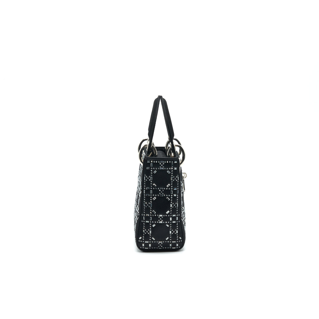 CHRISTIAN DIOR SATIN CRYSTAL CANNAGE MINI LADY DIOR BLACK