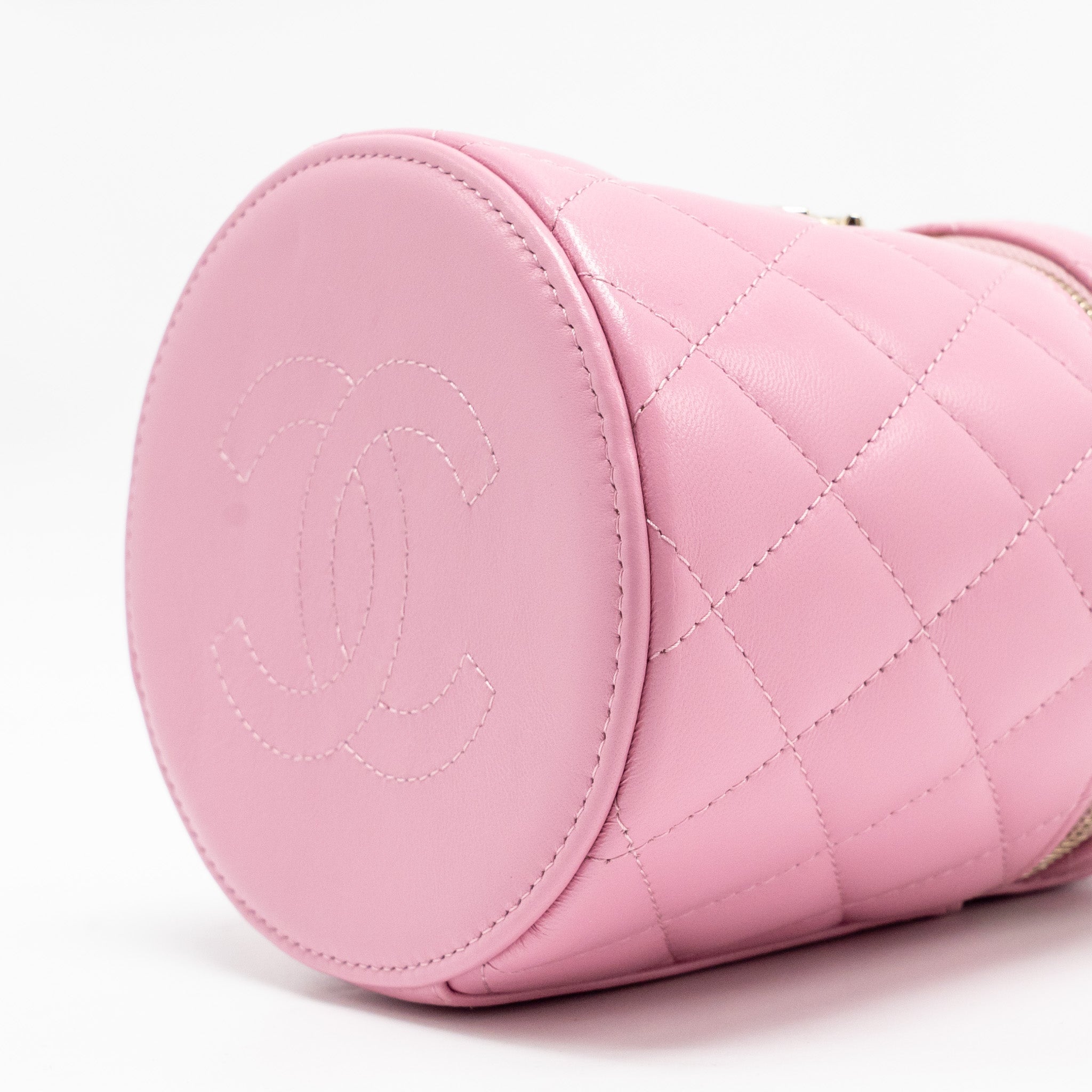 CHANEL TOP HANDLE ROUND VANITY CASE LAMBSKIN PINK LGHW
