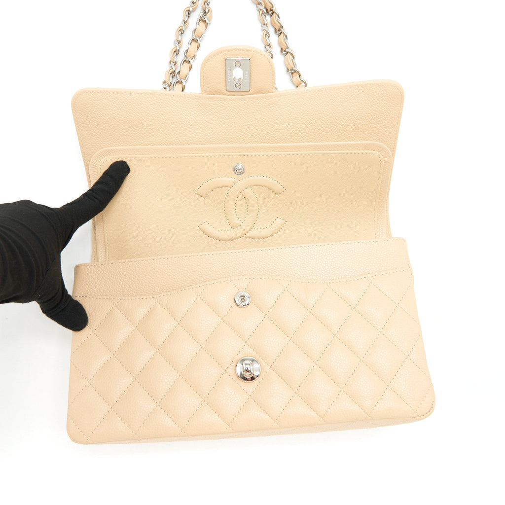 CHANEL MEDIUM CLASSIC DOUBLE FLAP BAG CAVIAR BEIGE SHW