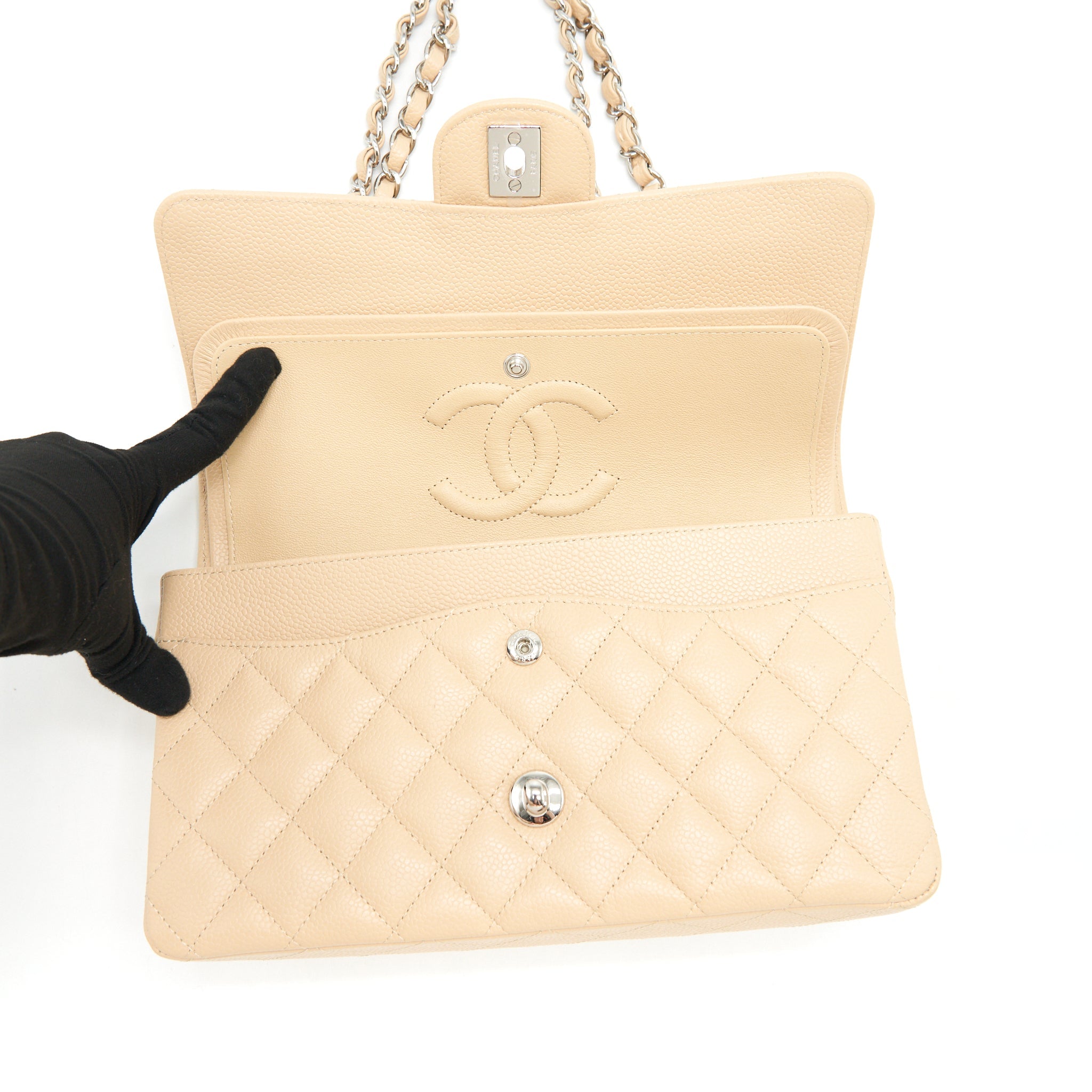 CHANEL MEDIUM CLASSIC DOUBLE FLAP BAG CAVIAR BEIGE SHW