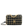CHANEL TWEED SMALL 19 FLAP BAG BLACK/ GOLD WITH GOLD AND SILVER HARDWARE