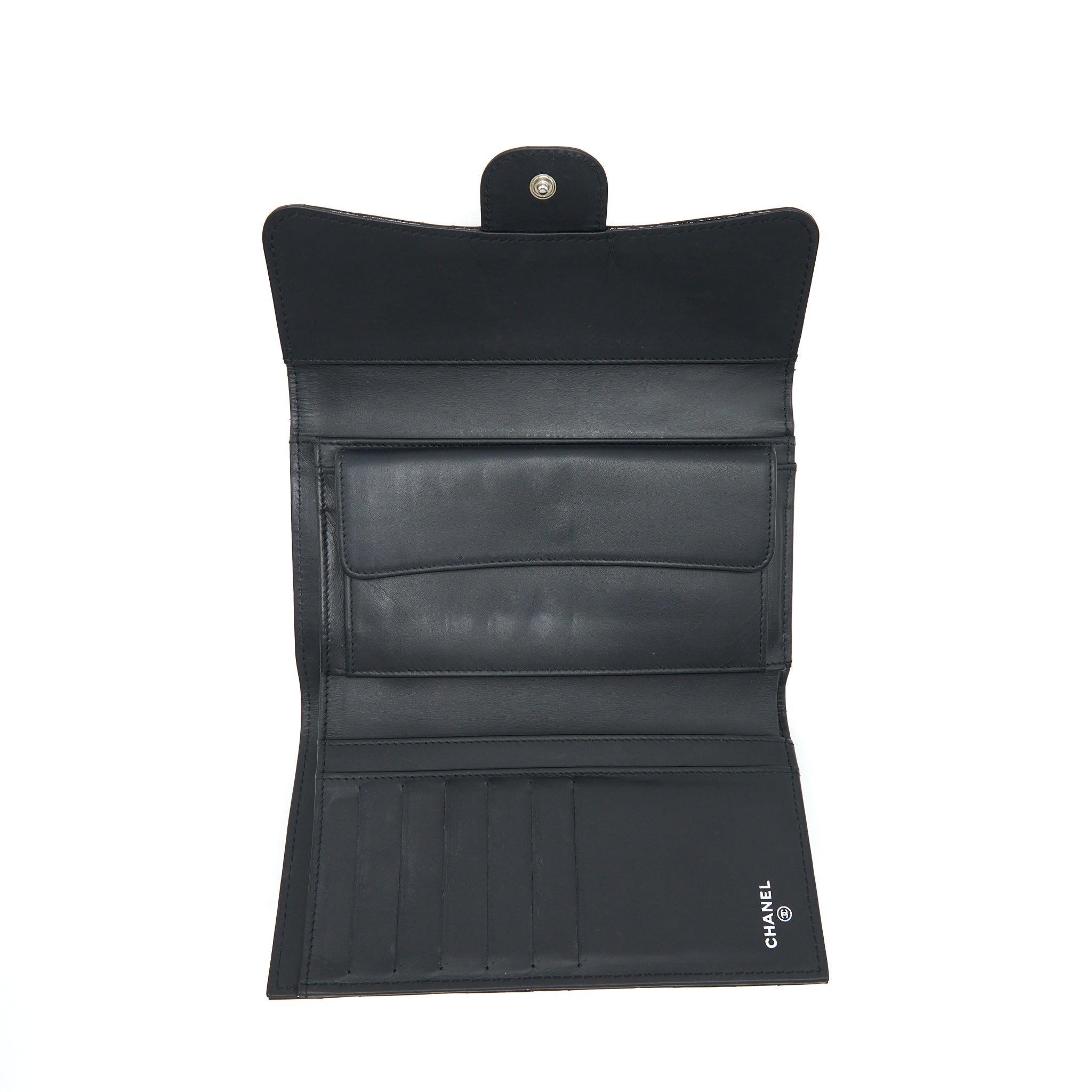CHANEL CLASSIC FLAP LONG WALLET PATENT BLACK SHW