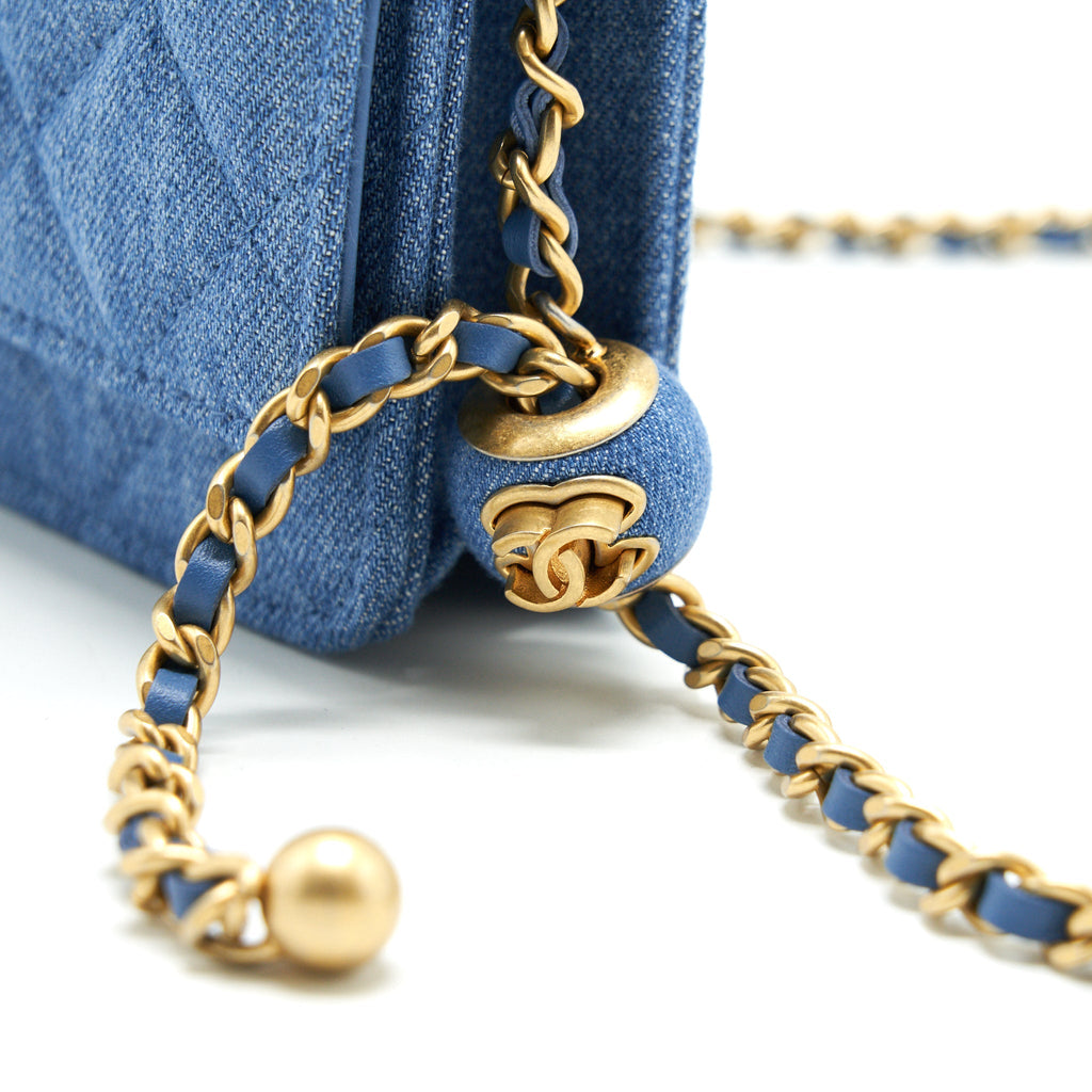 CHANEL 22C PEARL CRUSH WALLET ON CHAIN DENIM GHW
