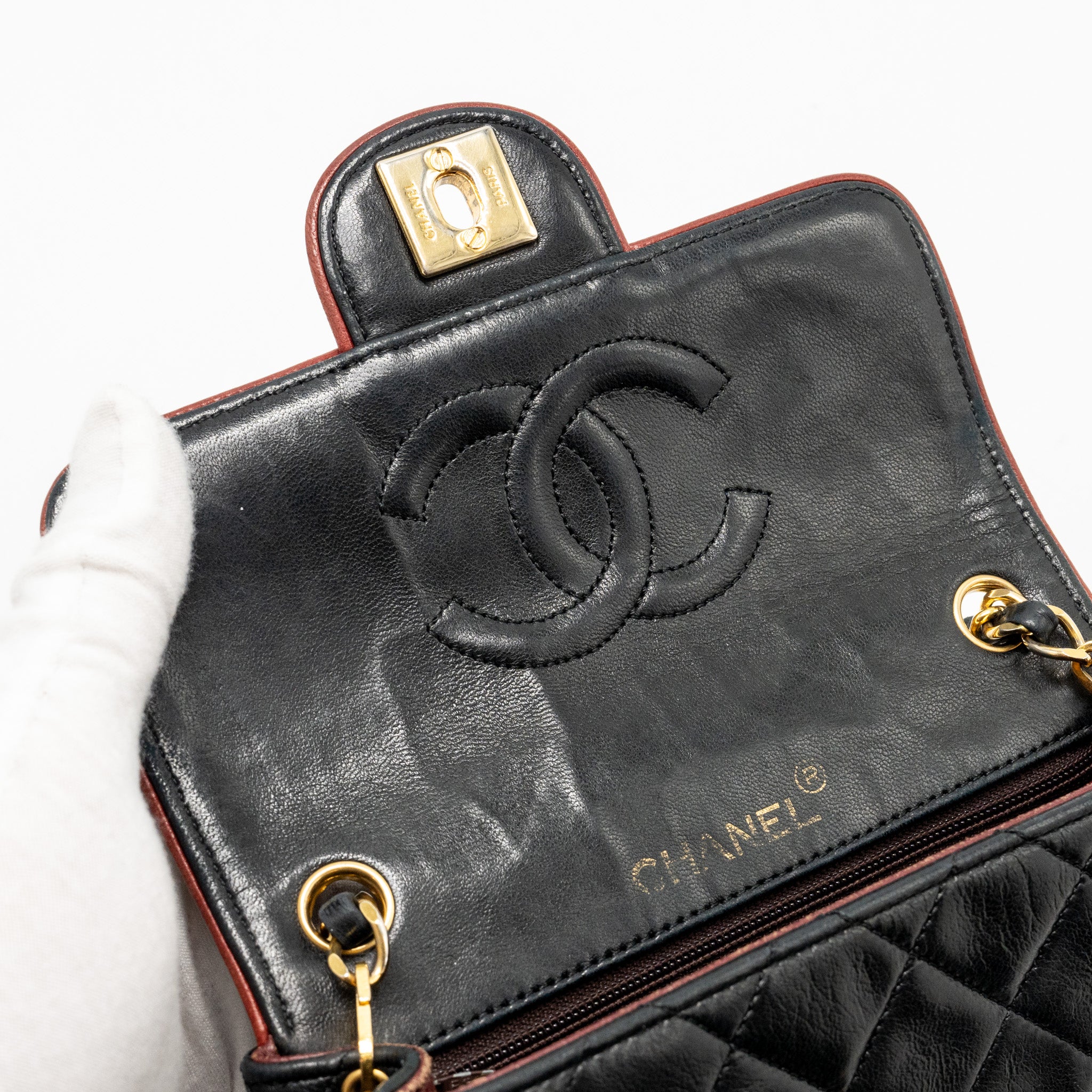 CHANEL VINTAGE MINI SQUARE FLAP BAG LAMBSKIN BLACK / RED GHW
