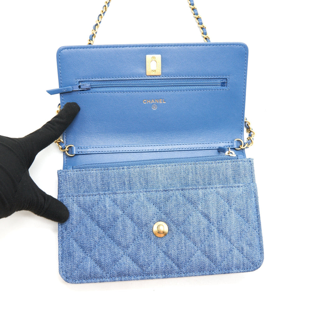 CHANEL 22C PEARL CRUSH WALLET ON CHAIN DENIM GHW