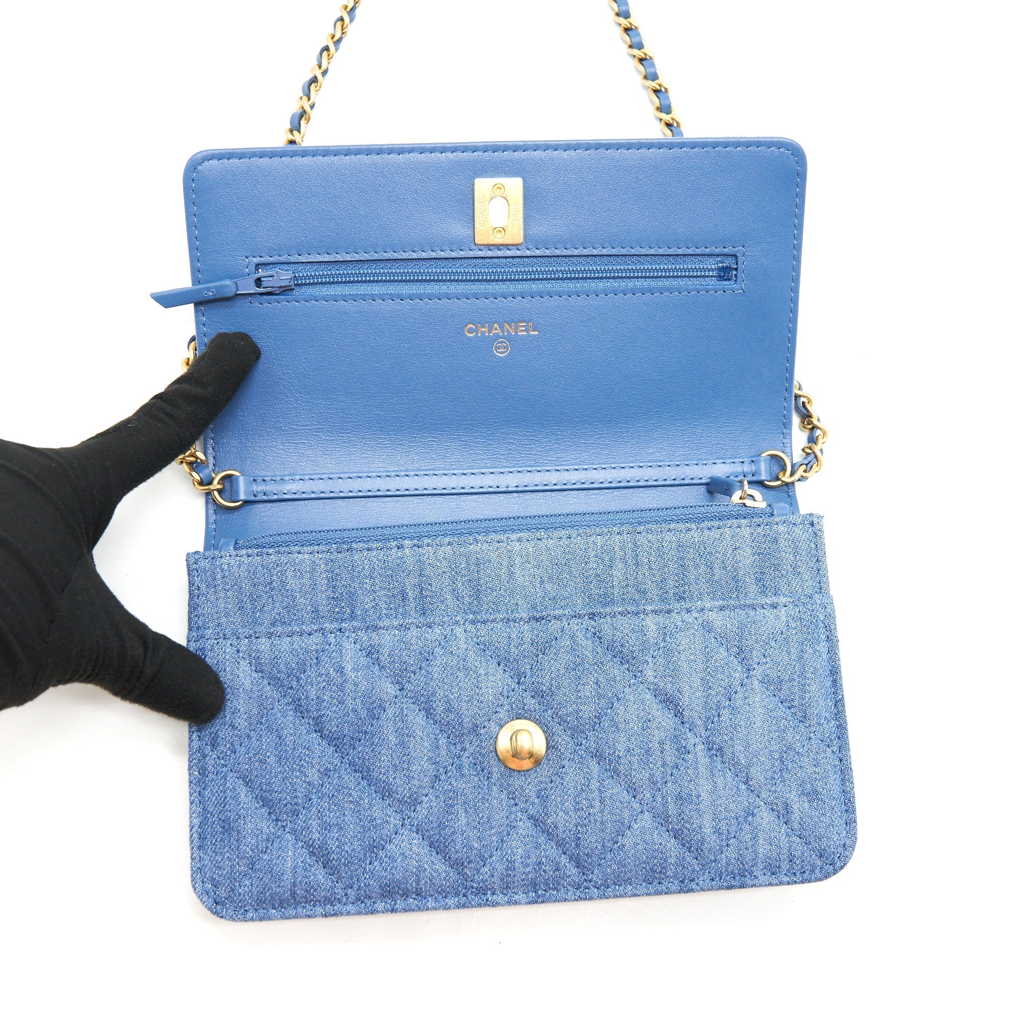 CHANEL 22C PEARL CRUSH WALLET ON CHAIN DENIM GHW