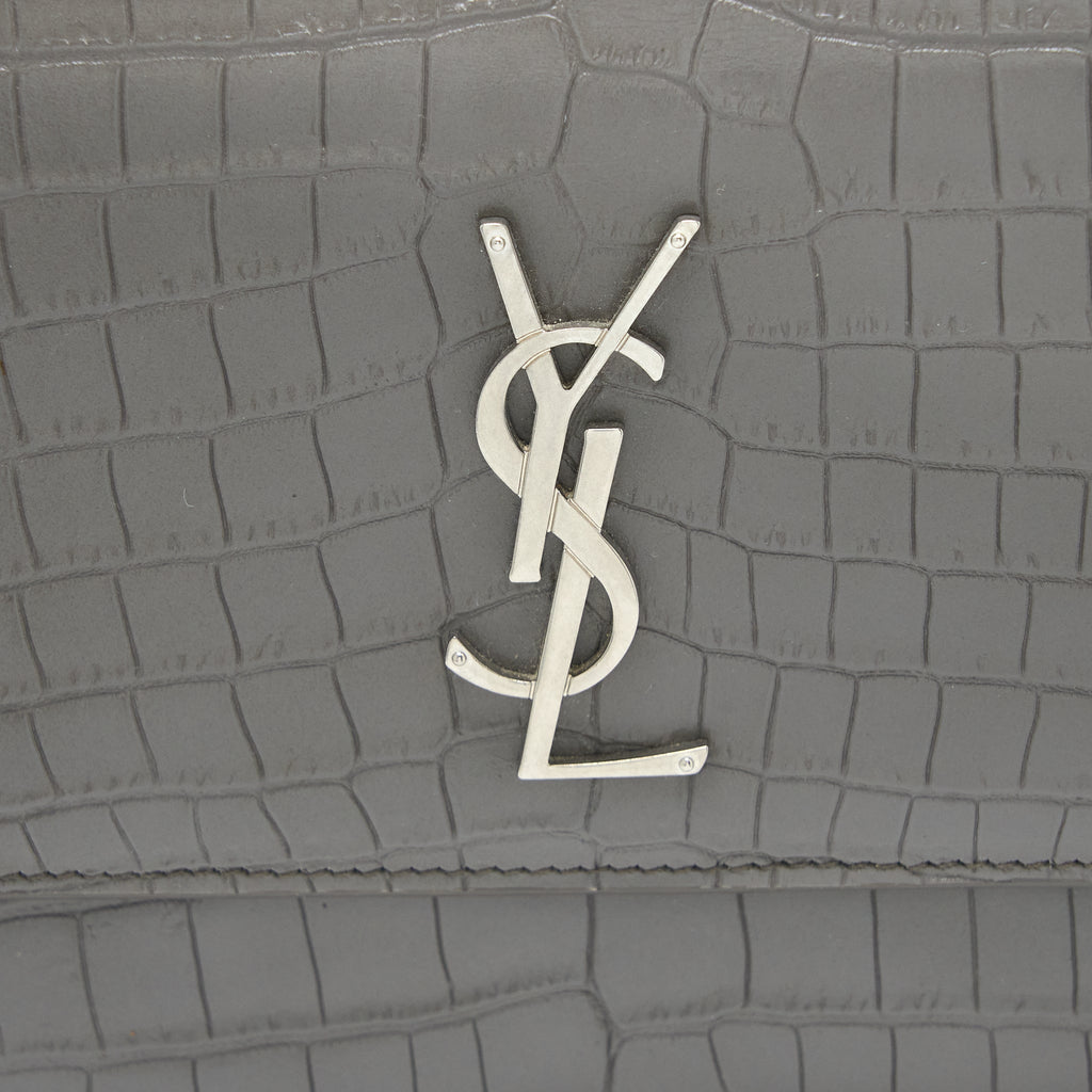 SAINT LAURENT MEDIUM SUNSET CHAIN BAG CROC EMBOSSED CALFSKIN GREY SHW