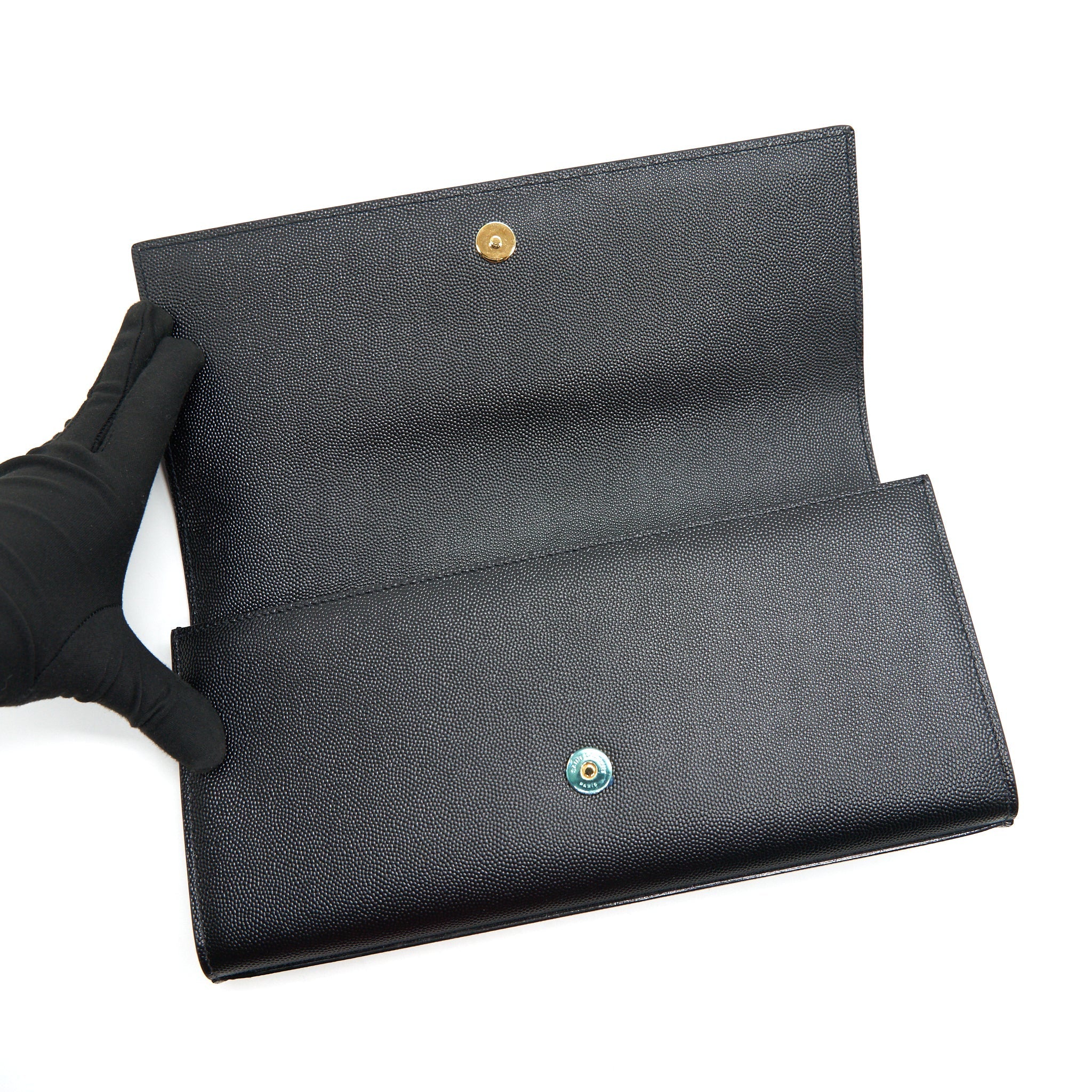 SAINT LAUREN KATE CLUTCH IN GRAIN DE POUDRE EMBOSSED LEATHER BLACK GHW
