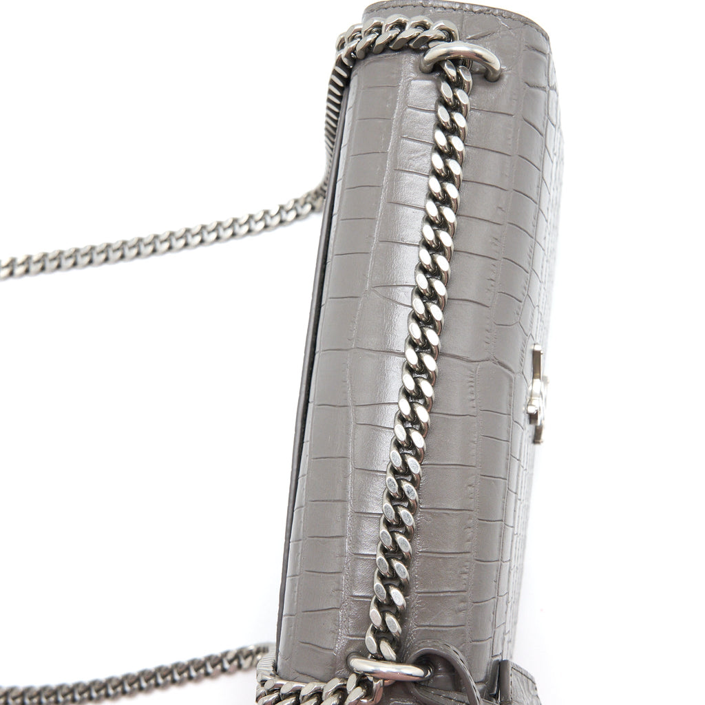 SAINT LAURENT MEDIUM SUNSET CHAIN BAG CROC EMBOSSED CALFSKIN GREY SHW