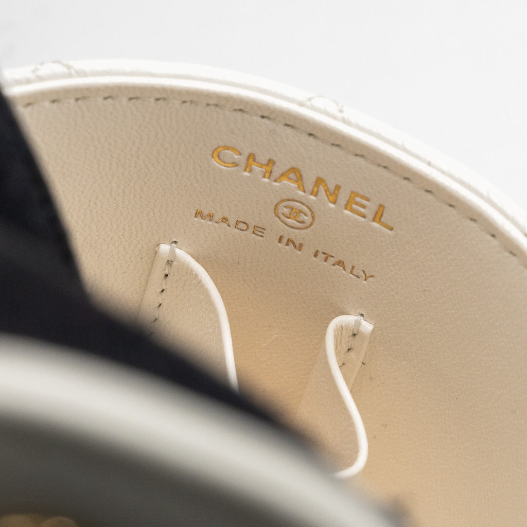 CHANEL TOP HANDLE ROUND VANITY WITH CHAIN LAMBSKIN WHITE GHW (MICROCHIP)