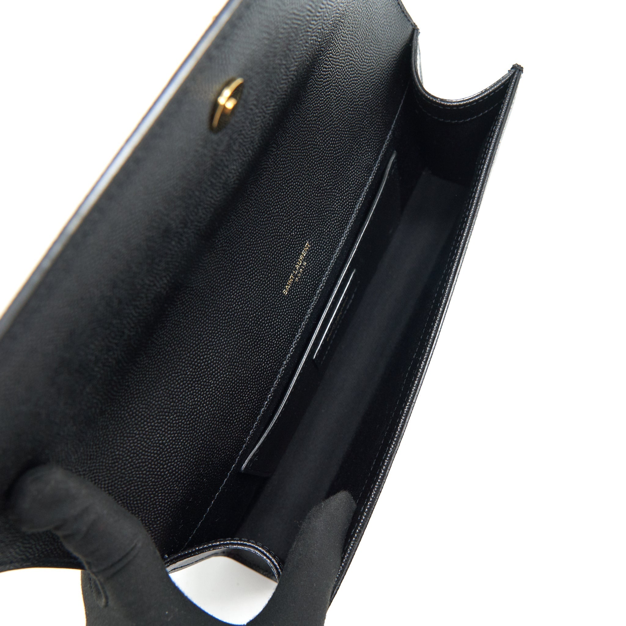 SAINT LAUREN KATE CLUTCH IN GRAIN DE POUDRE EMBOSSED LEATHER BLACK GHW