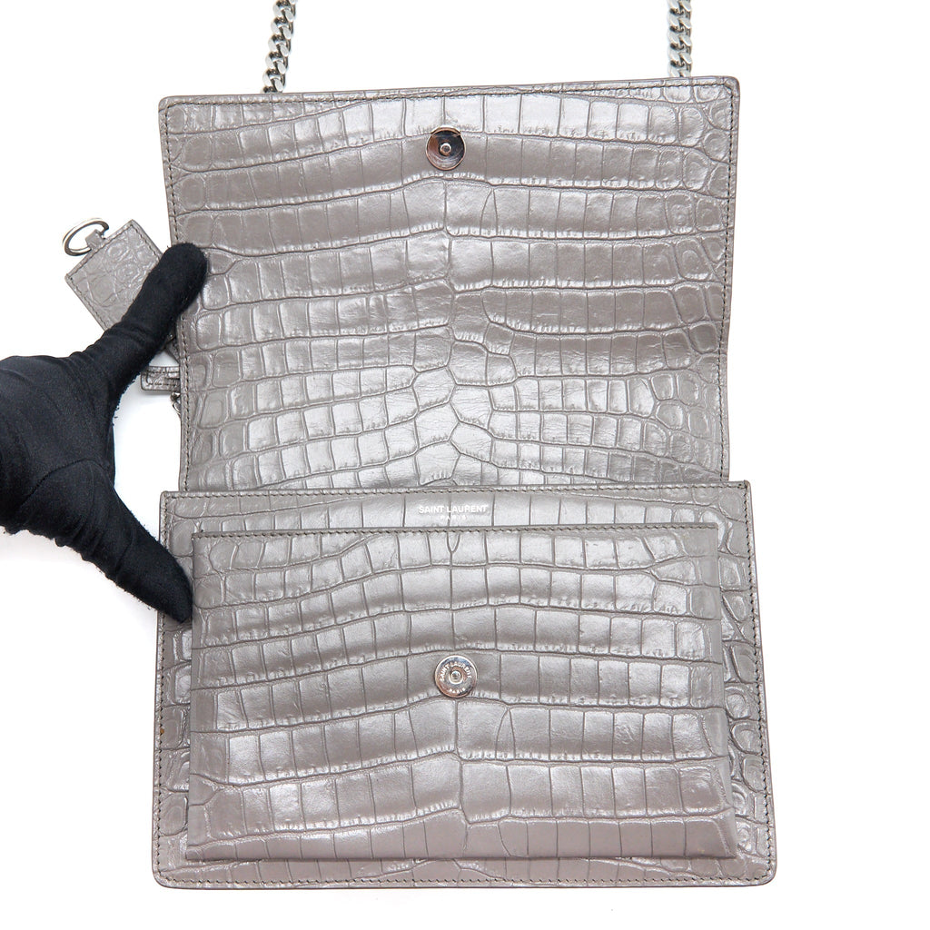 SAINT LAURENT MEDIUM SUNSET CHAIN BAG CROC EMBOSSED CALFSKIN GREY SHW