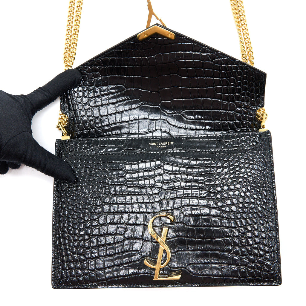 SAINT LAURENT CASSANDRA CHAIN BAG CROC EMBOSSED LEATHER BLACK GHW