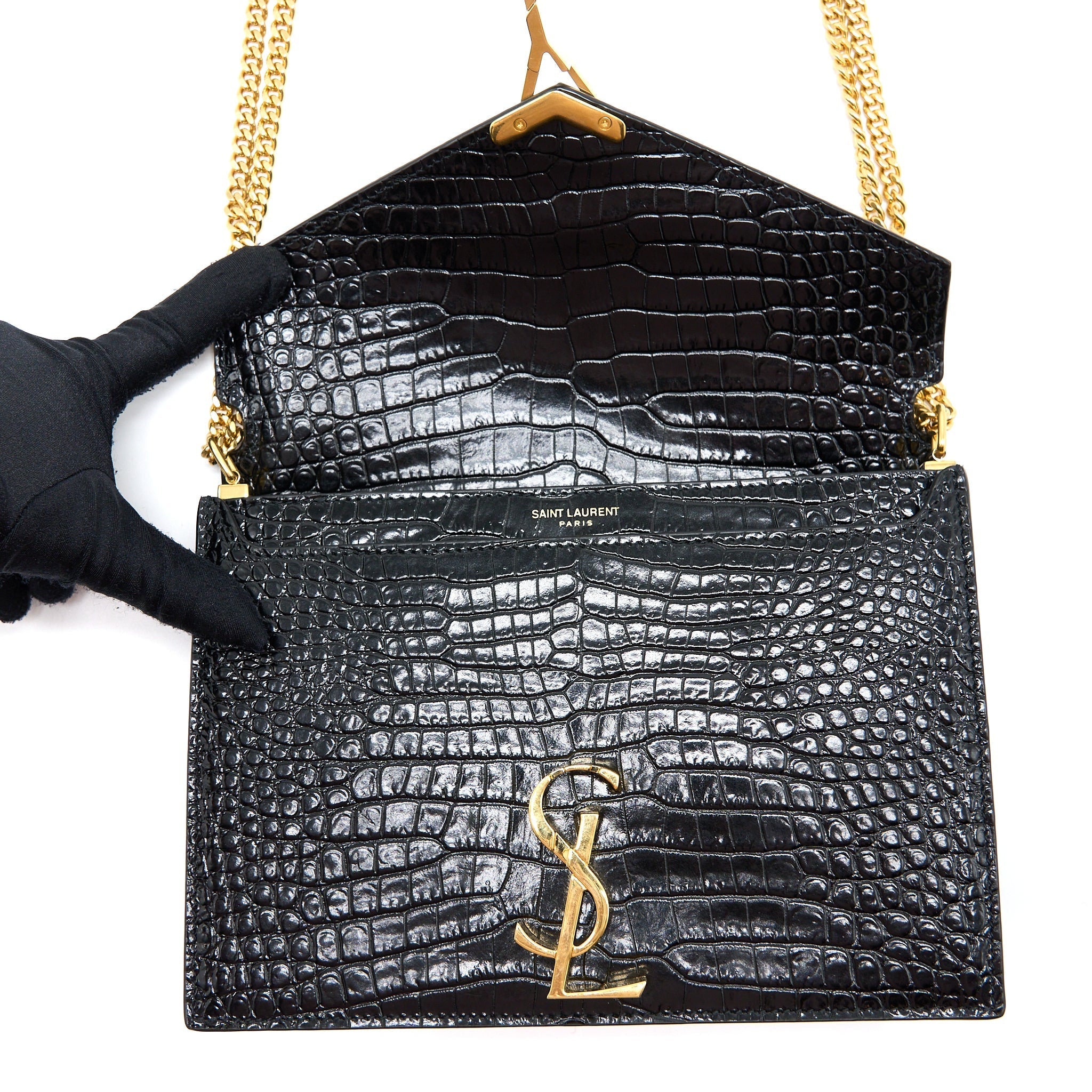 SAINT LAURENT CASSANDRA CHAIN BAG CROC EMBOSSED LEATHER BLACK GHW