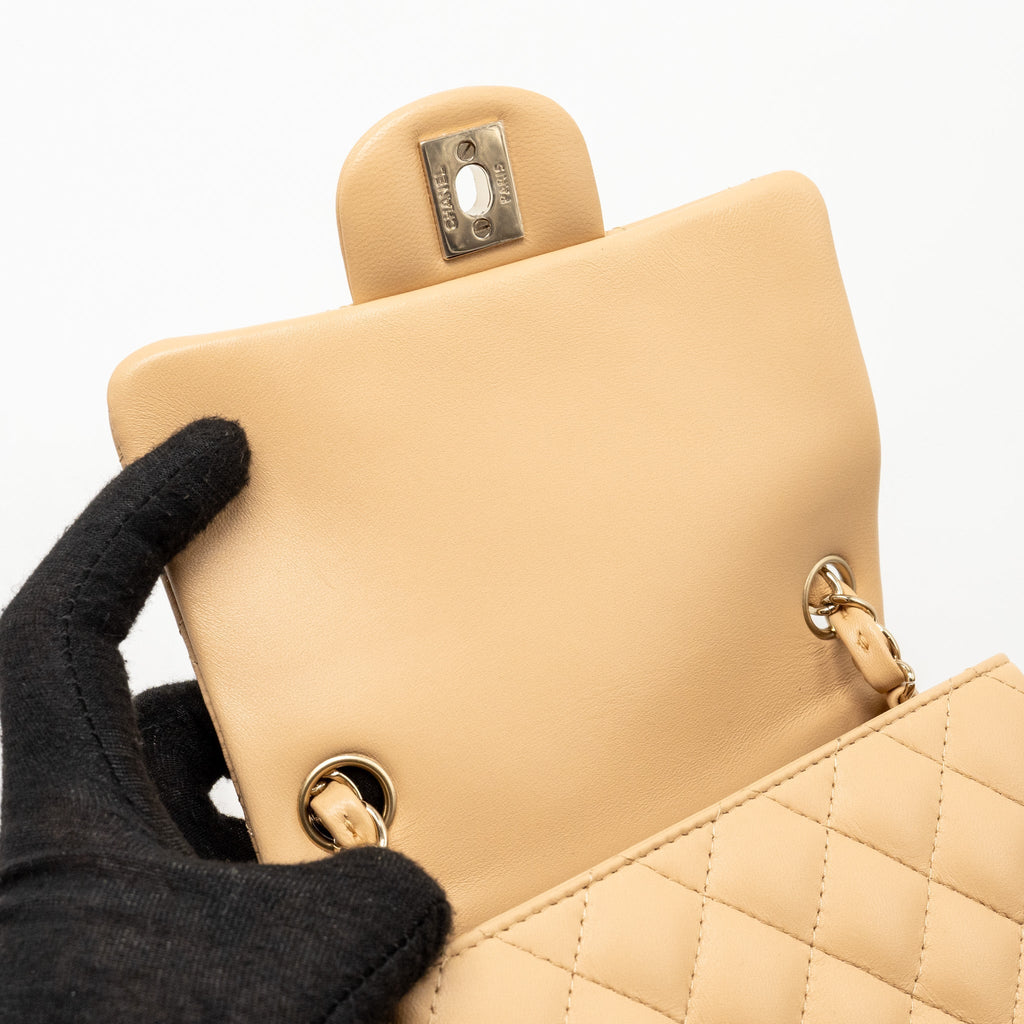 CHANEL MINI SQUARE FLAP BAG LAMBSKIN BEIGE LGHW (MICROCHIP)
