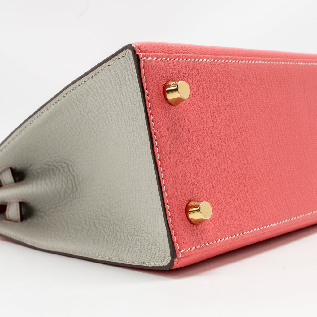 HERMES KELLY 25 SPECIAL ORDER CHÈVRE MYSORE ROSE LIPSTICK / GRIS PERLE GHW