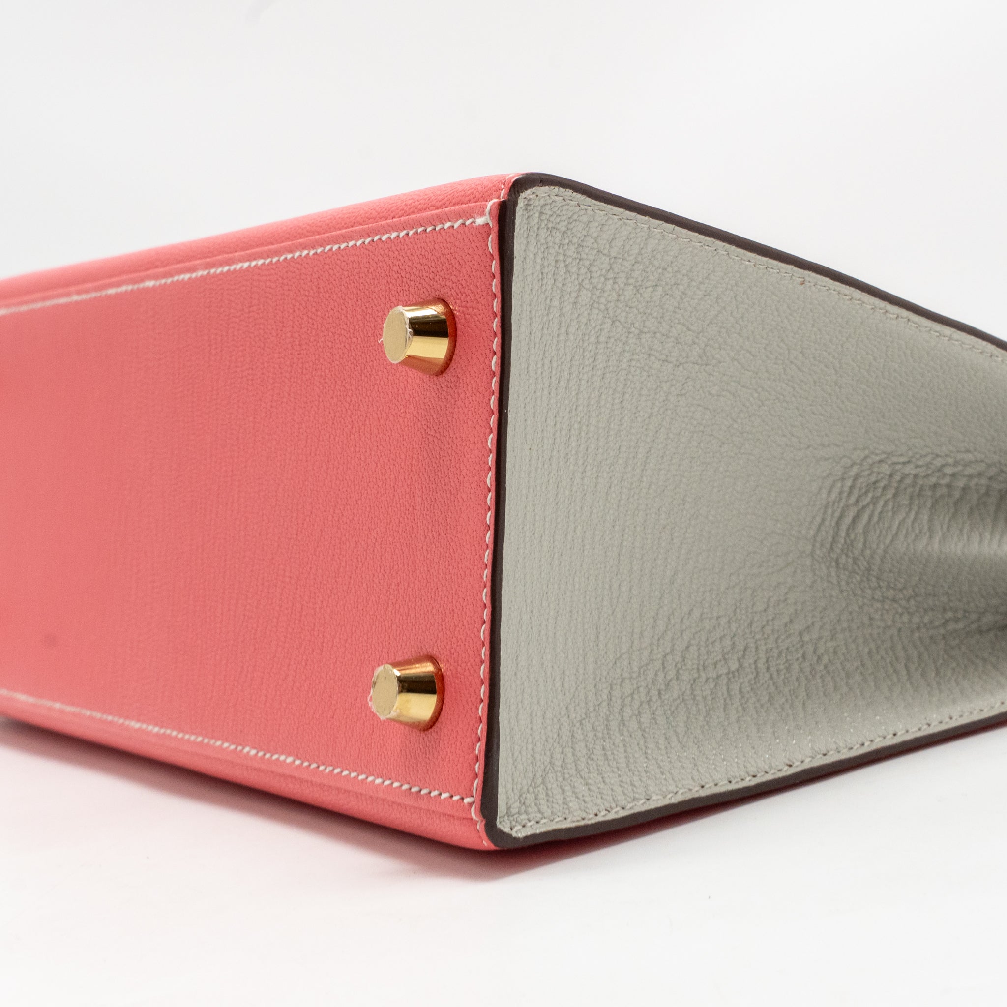 HERMES KELLY 25 SPECIAL ORDER CHÈVRE MYSORE ROSE LIPSTICK / GRIS PERLE GHW