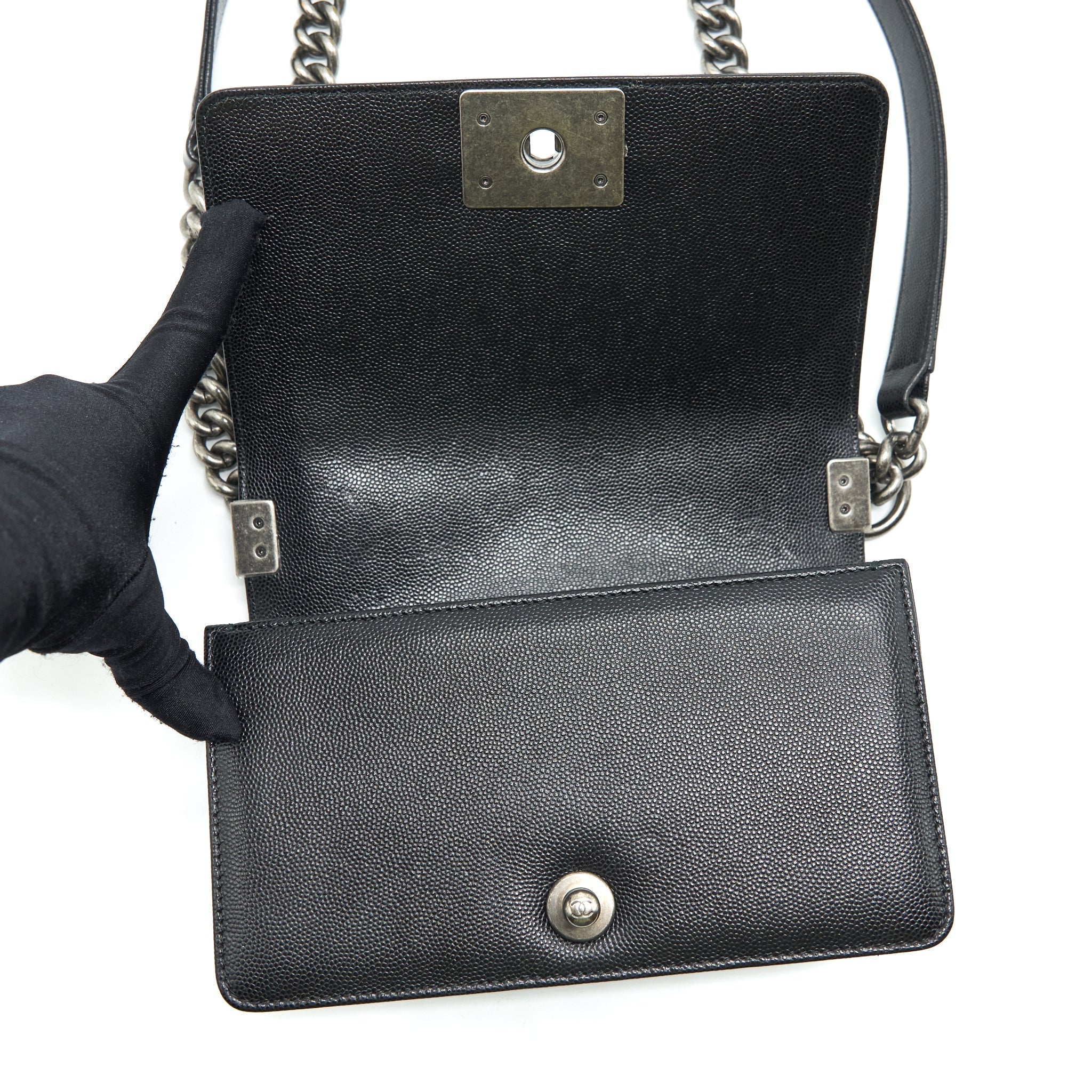 CHANEL SMALL BOY BAG CAVIAR BLACK RUTHENIUM SLIVER HARDWARE