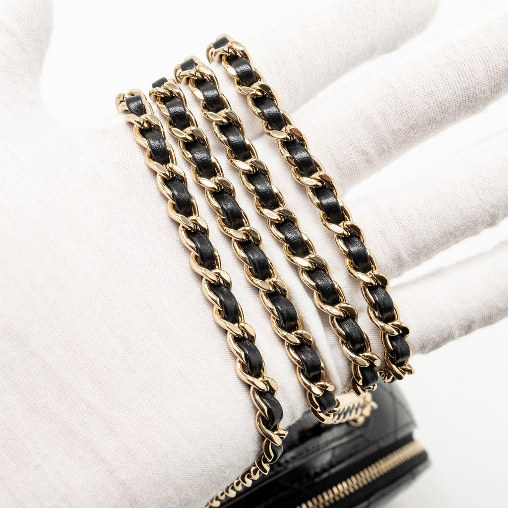 CHANEL 22B TOP HANDLE MINI ROUND VANITY CASE WITH CHAIN SHINY LAMBSKIN BLACK LGHW (MICROCHIP)