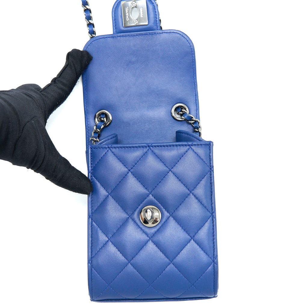 CHANEL FLAP PHONE CASE LAMBSKIN BLUE SHW