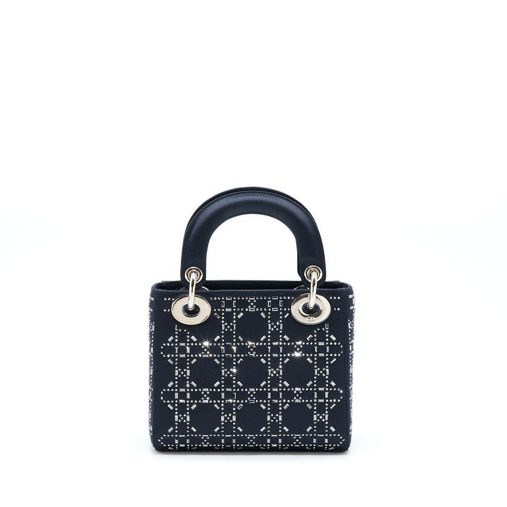 DIOR MINI LADY DIOR SATIN CRYSTAL CANNAGE DARK BLUE SHW