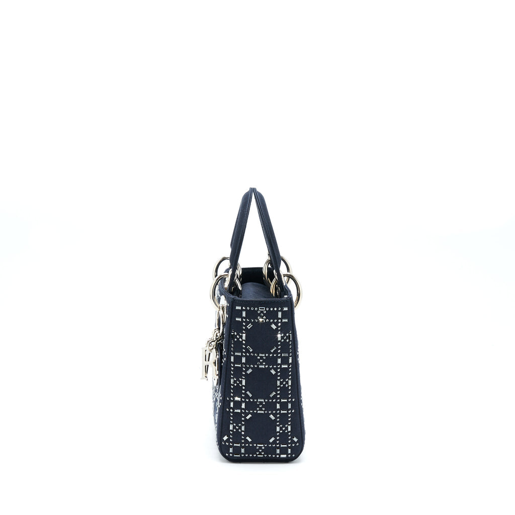 DIOR MINI LADY DIOR SATIN CRYSTAL CANNAGE DARK BLUE SHW