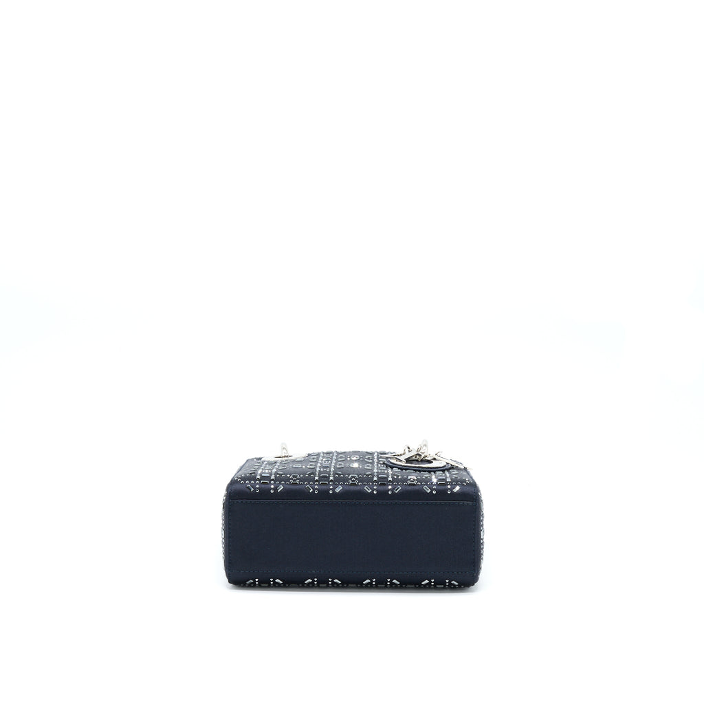 DIOR MINI LADY DIOR SATIN CRYSTAL CANNAGE DARK BLUE SHW