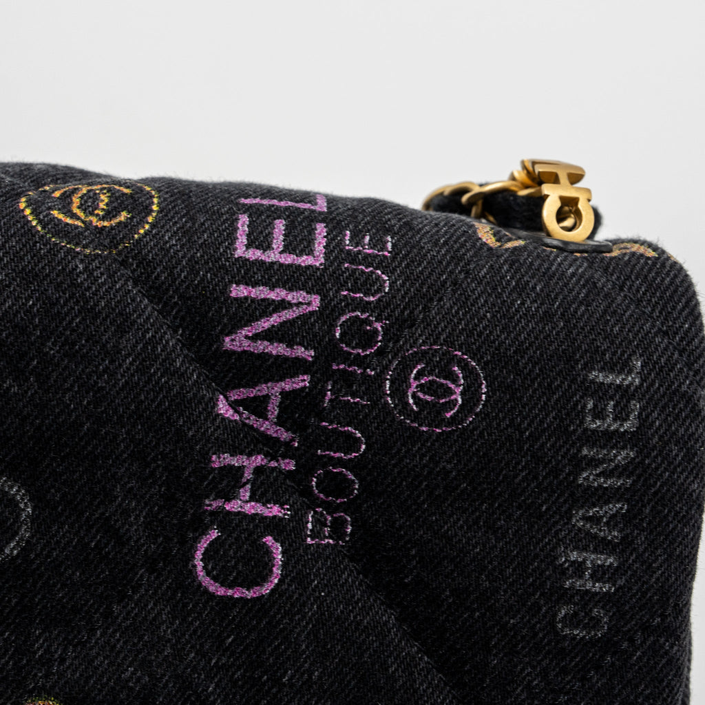 CHANEL BLACK DENIM FLAP BAG BRUSHED GHW (MICROCHIP)