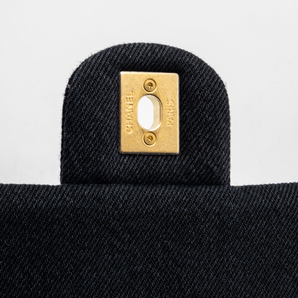 CHANEL BLACK DENIM FLAP BAG BRUSHED GHW (MICROCHIP)