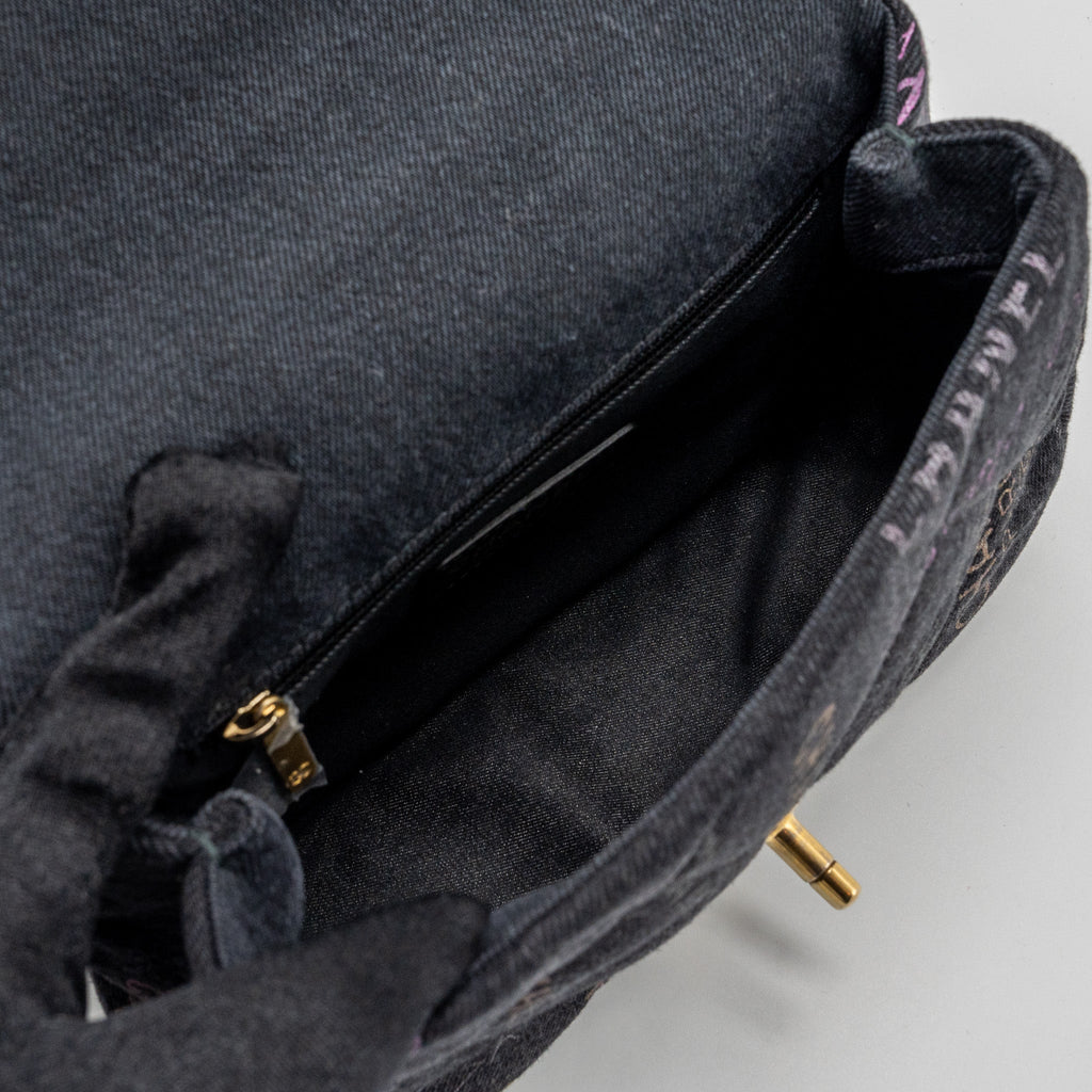 CHANEL BLACK DENIM FLAP BAG BRUSHED GHW (MICROCHIP)
