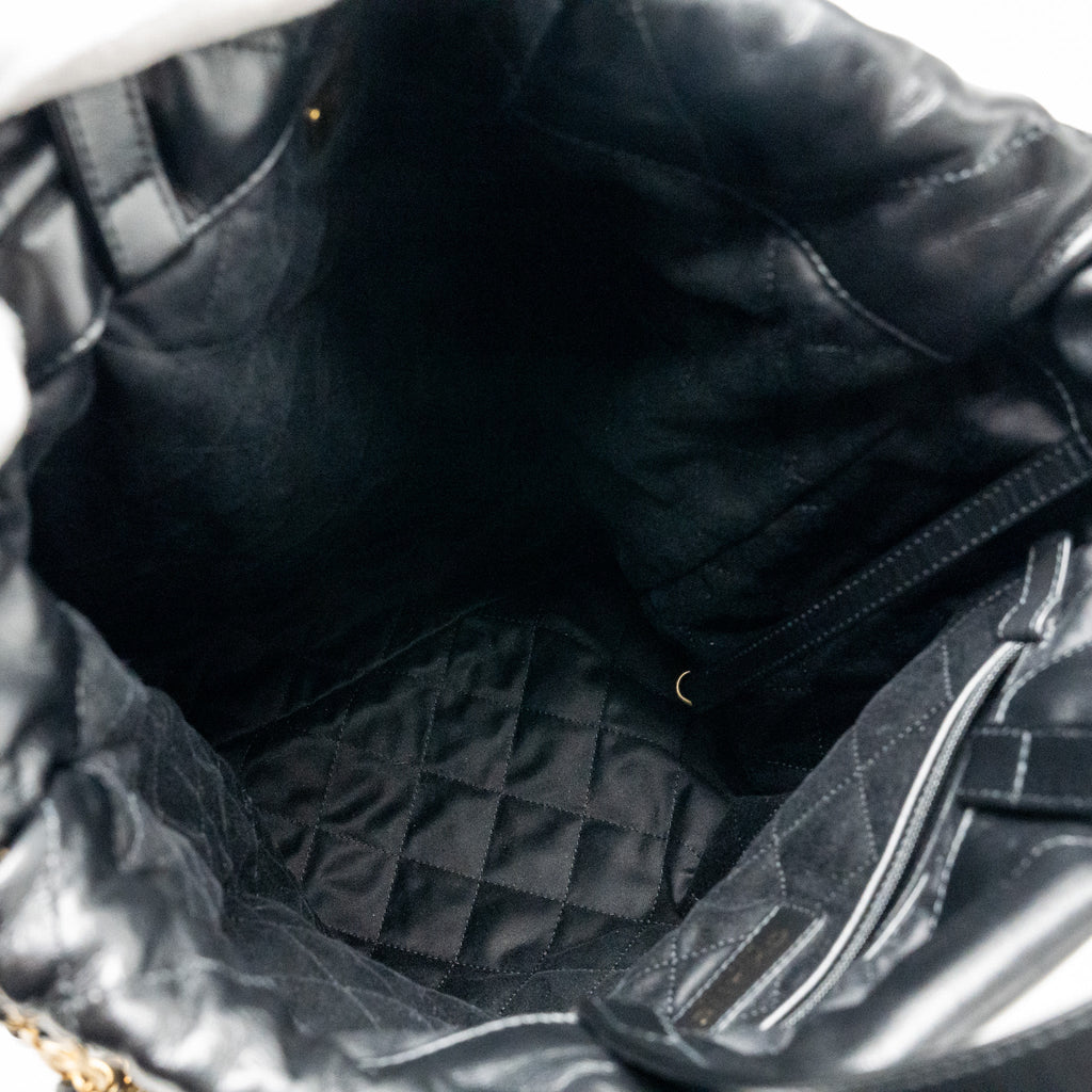 CHANEL LARGE 22 BACKPACK GOLD LETTER LOGO SHINY CALFSKIN BLACK GHW(MICROCHIP)