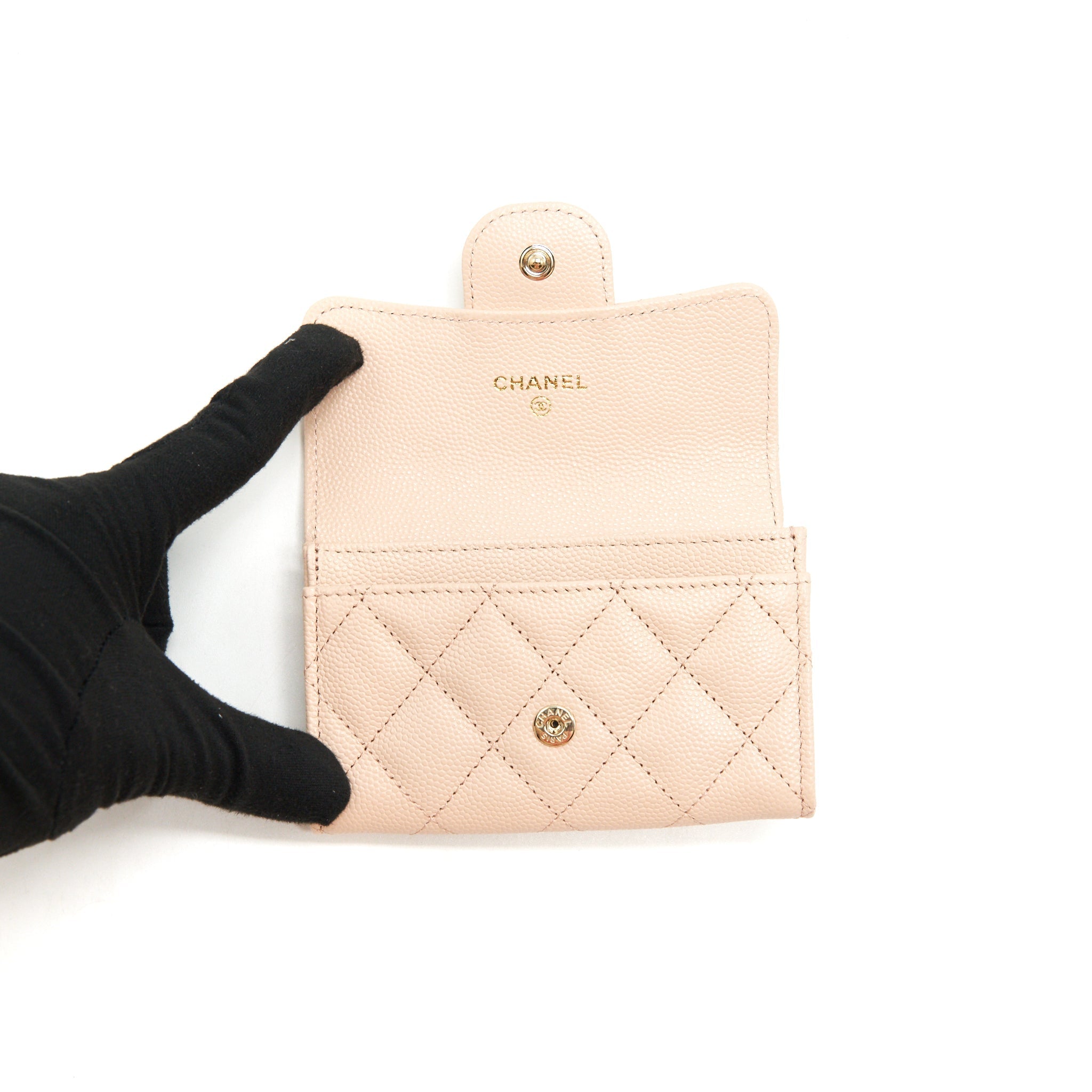 CHANEL 22C FLAP CARDHOLDER CAVIAR LIGHT BEIGE LGHW