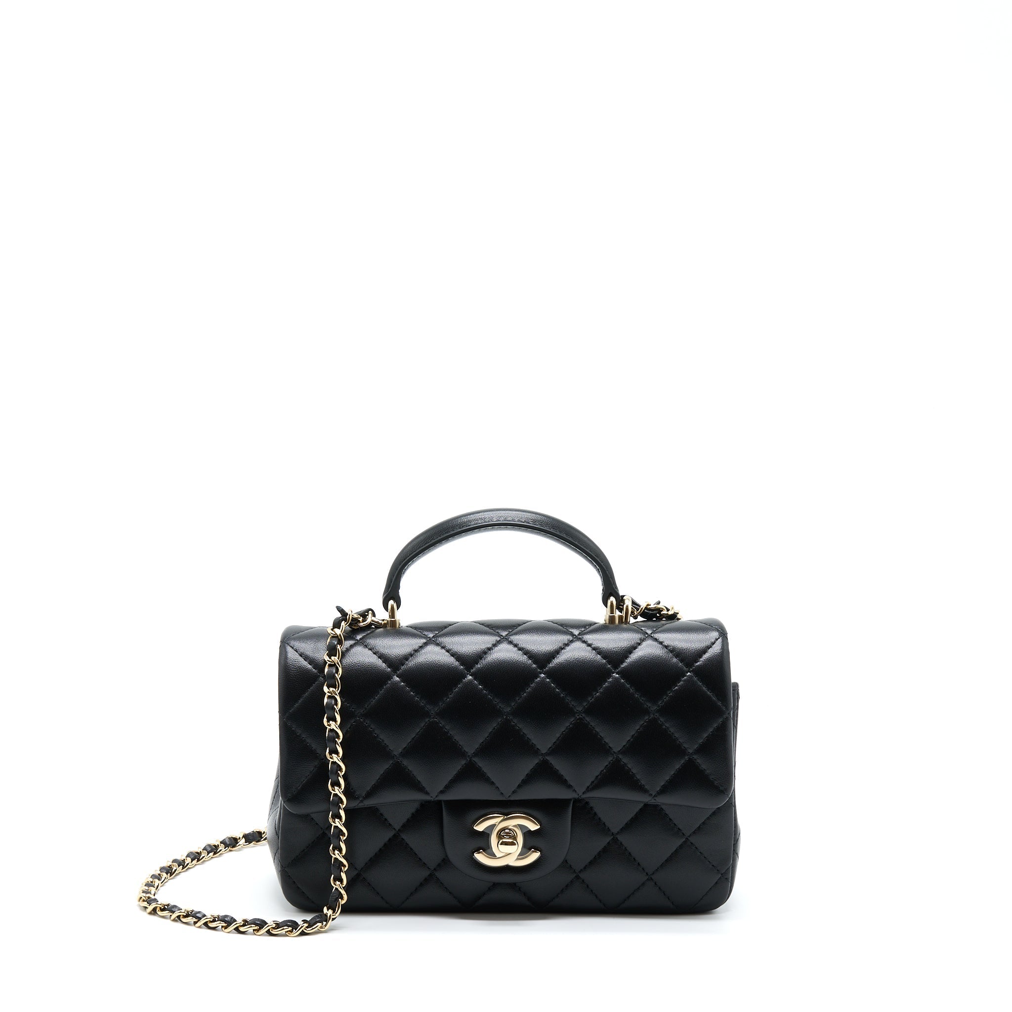 CHANEL 22A TOP HANDLE MINI RECTANGULAR FLAP BAG LAMBSKIN BLACK GHW (MICROCHIP)