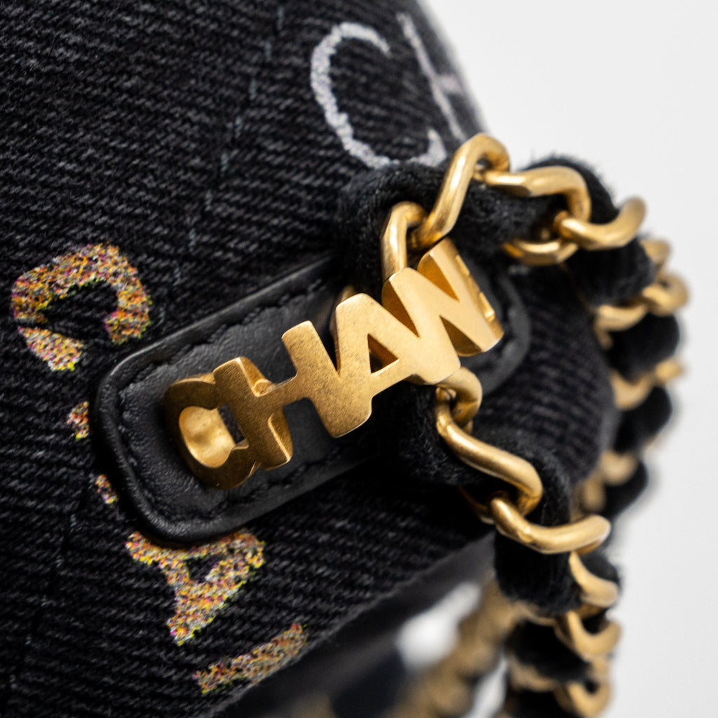 CHANEL BLACK DENIM FLAP BAG BRUSHED GHW (MICROCHIP)