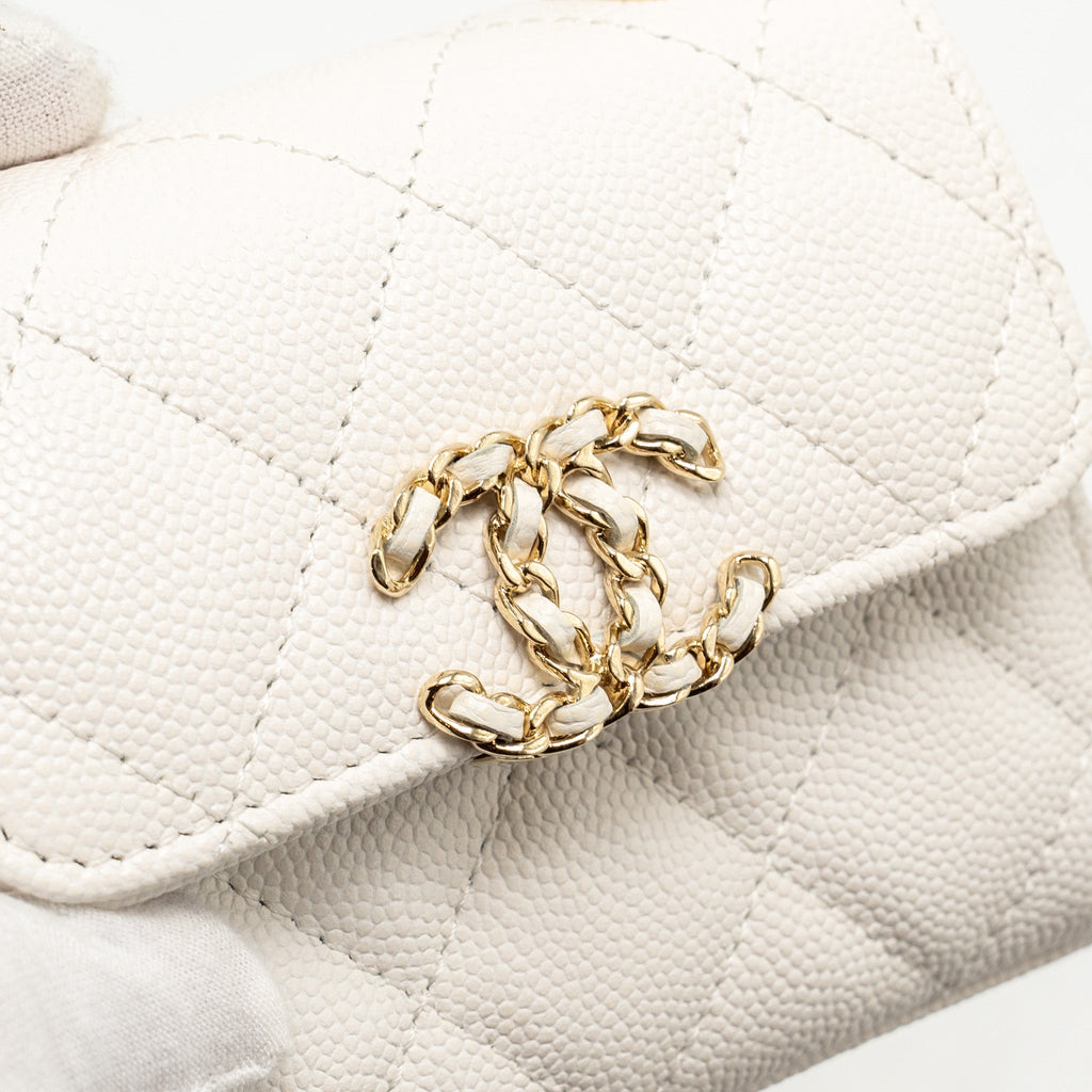 CHANEL TOP HANDLE MINI FLAP CLUTCH WITH CHAIN CAVIAR WHITE LGHW (MICROCHIP)