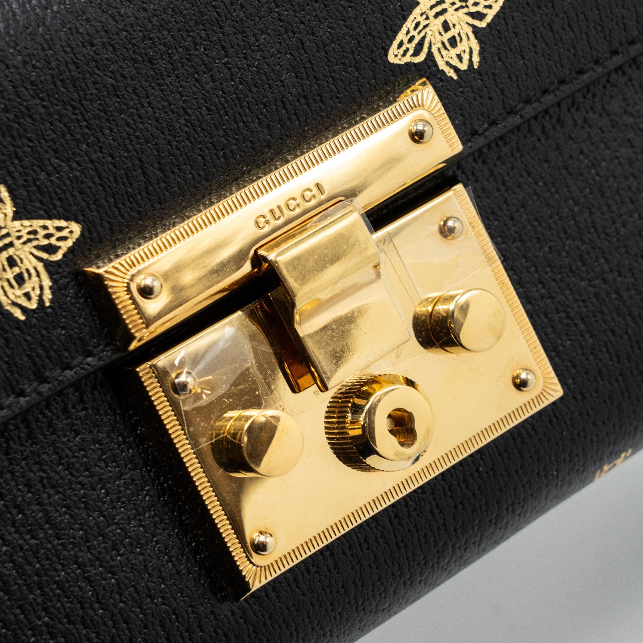 GUCCI PADLOCK CHAIN BAG BEE PRINT CALFSKIN BLACK GHW