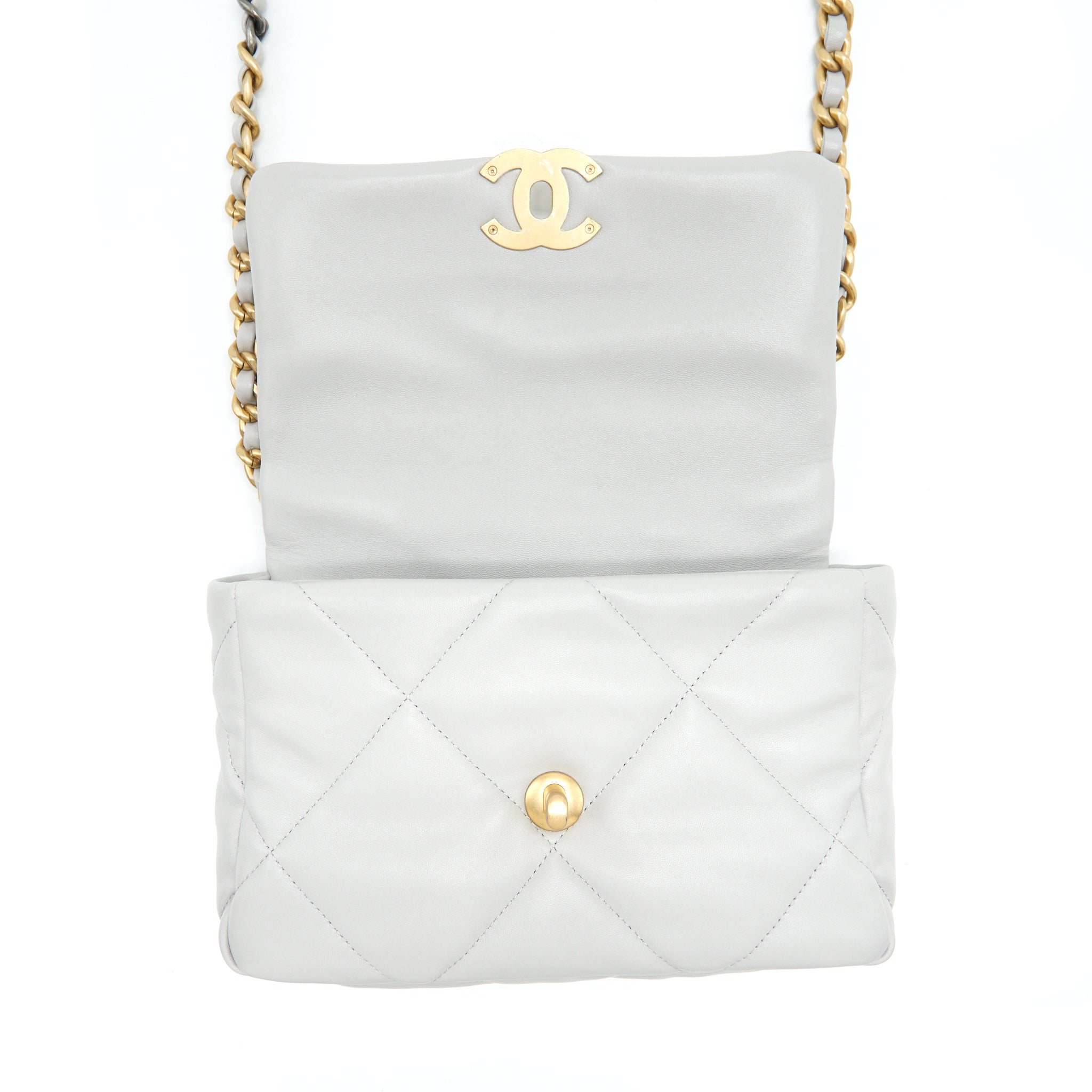 CHANEL SMALL 19 BAG LAMBSKIN LIGHT GREY WITH MULTICOLOUR HARDWARE (MICROCHIP)