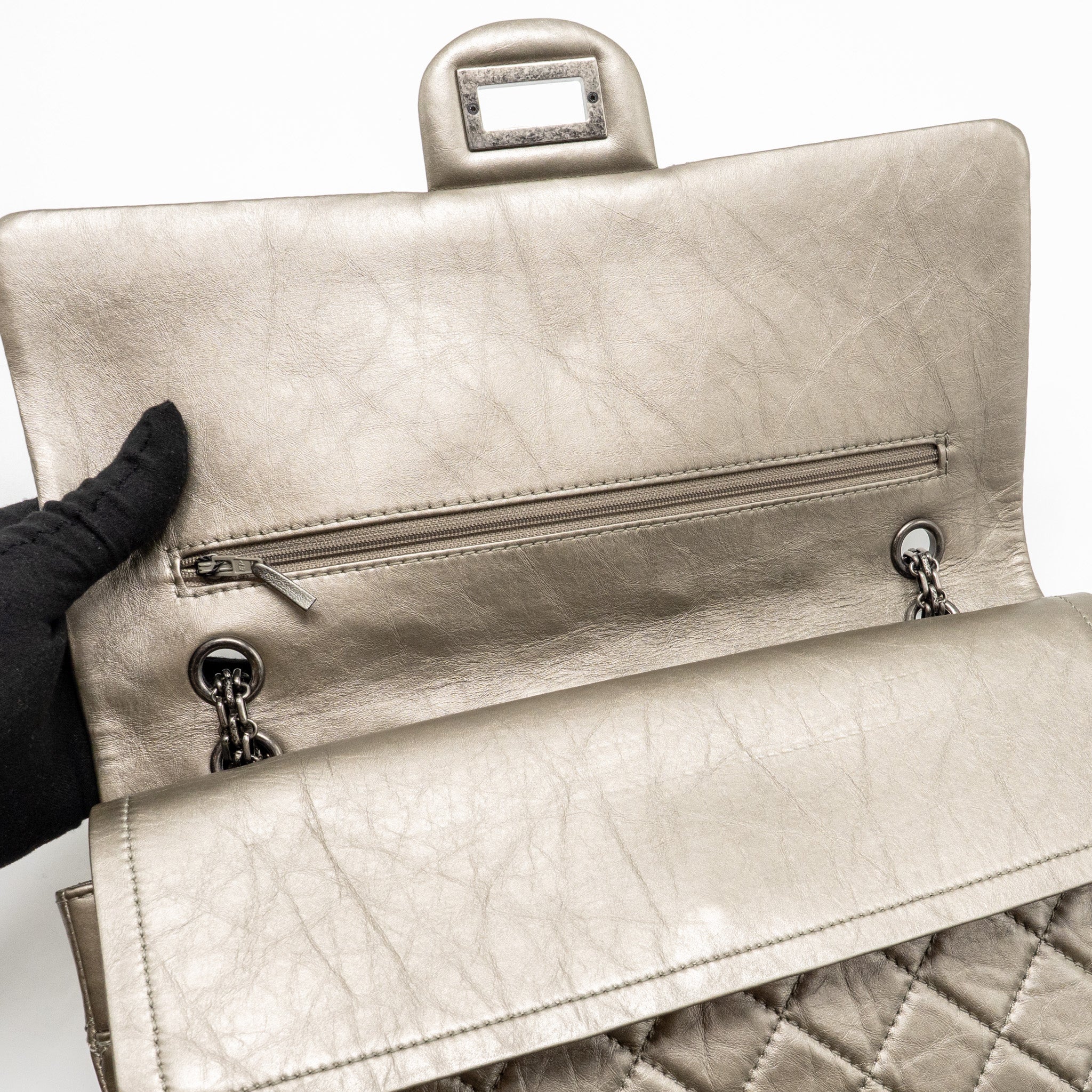 CHANEL MAXI 2.55 REISSUE FLAP BAG AGED CALFSKIN IRIDESCENT LIGHT GREY RUTHENIUM HARDWARE