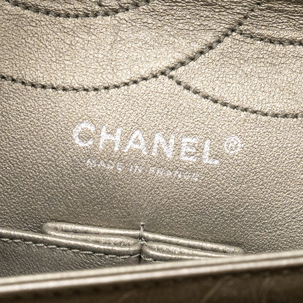 CHANEL MAXI 2.55 REISSUE FLAP BAG AGED CALFSKIN IRIDESCENT LIGHT GREY RUTHENIUM HARDWARE