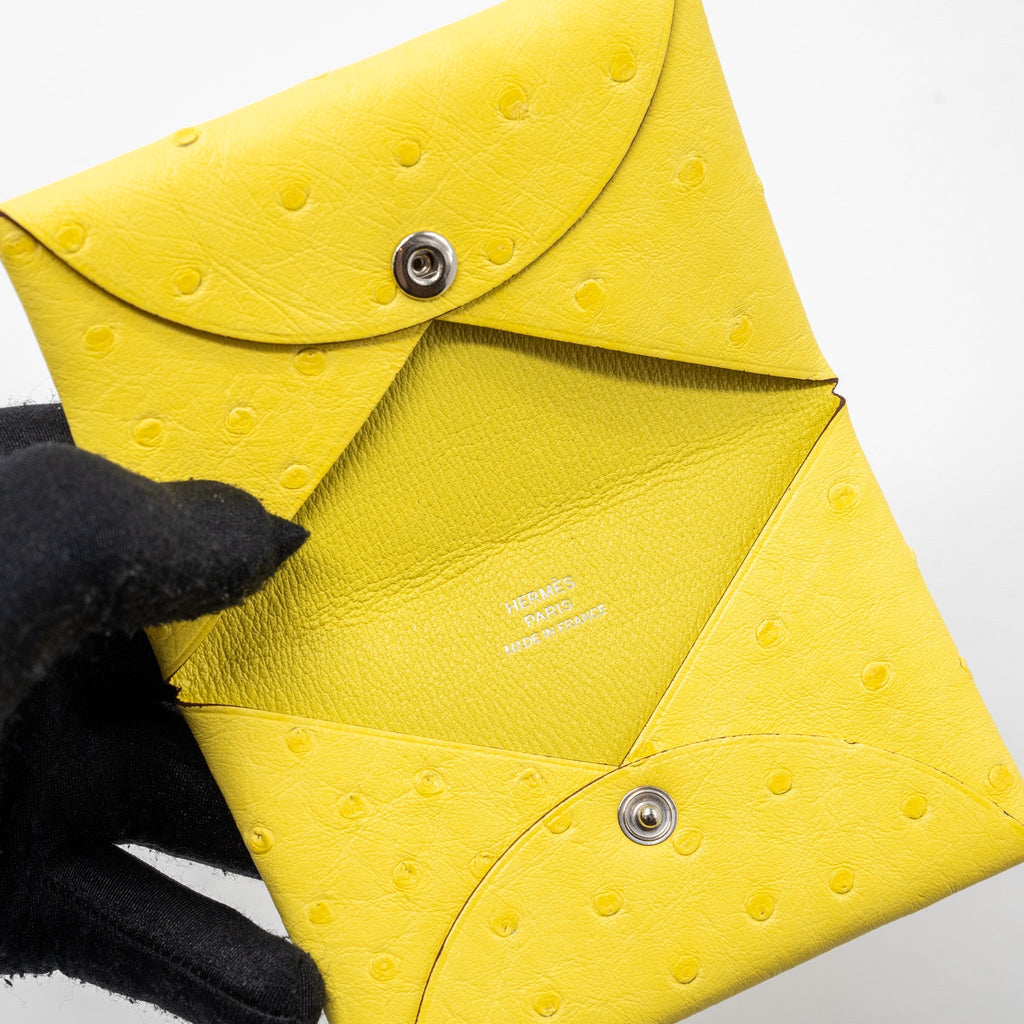 HERMES CALVI CARD HOLDER OSTRICH JAUNE CITRON SHW