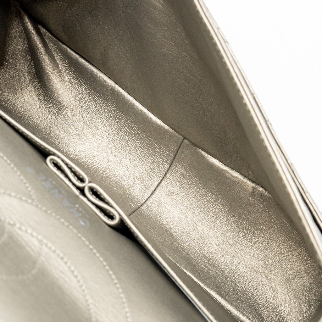 CHANEL MAXI 2.55 REISSUE FLAP BAG AGED CALFSKIN IRIDESCENT LIGHT GREY RUTHENIUM HARDWARE