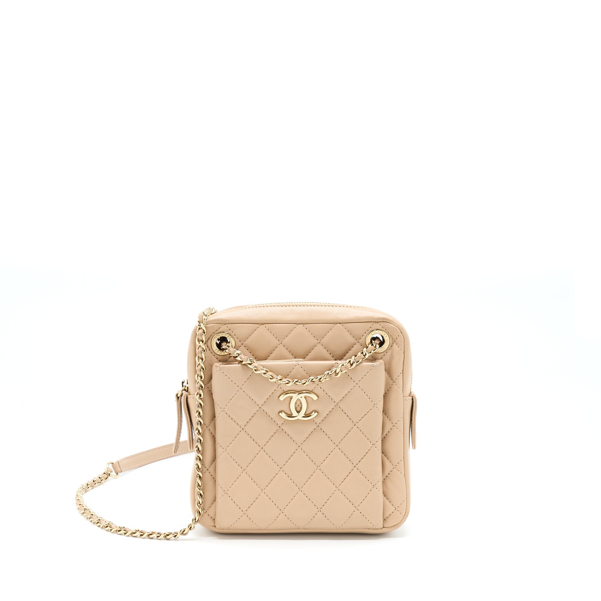 CHANEL SMALL VERTICAL CAMERA BAG WITH CHAIN LAMBSKIN BEIGE LGHW