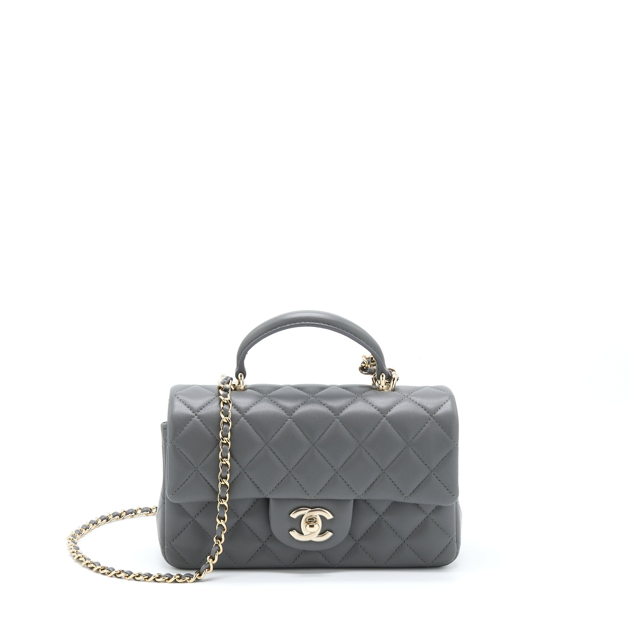 CHANEL 22A TOP HANDLE MINI RECTANGULAR FLAP BAG LAMBSKIN GREY LGHW (MICROCHIP)
